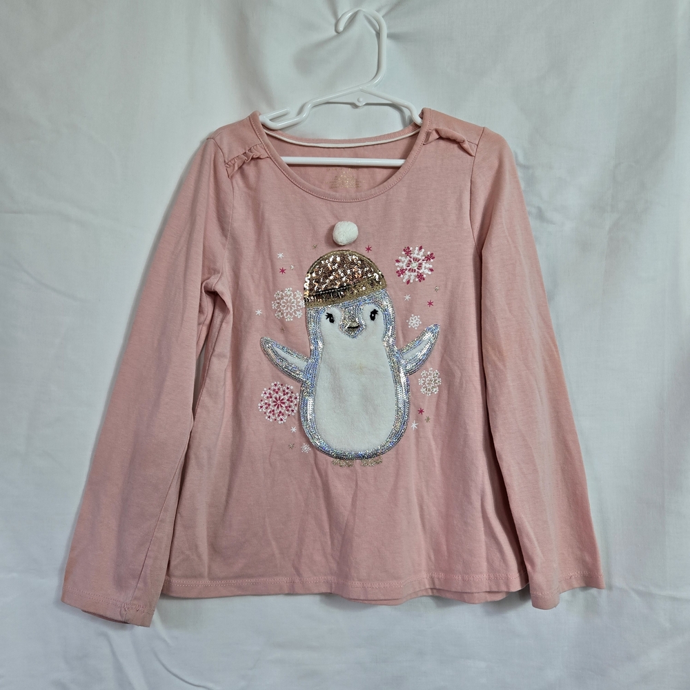 Cynthia Rowley Girls Pink Fuzzy Sequin Penguin Snowflake Long Sleeve Shirt Mediu